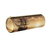 ULKMFFCF Ship in The Lake Sunset Printed Round Pencil Case - Cute Leather Zip Pouch for School, Office, Travel and Makeup