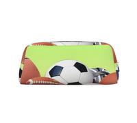 ULKMFFCF Sports Balls on The Grass Printed Leather Pencil Case for Students Girls Boys - Cute Silver Zip Pen Pencil Pouch Office School Adult Stationary Organiser Makeup Bag