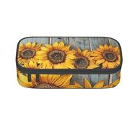 ULKMFFCF Sunflowers Wooden Board Printed Pencil Case with Compartments - Large Capacity Pen Case Bag Pouch Holder Makeup Bag for School, Office, Travel