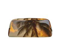 ULKMFFCF Sunset Hawaiian Palm Tree Printed Leather Pencil Case for Students Girls Boys - Cute Silver Zip Pen Pencil Pouch Office School Adult Stationary Organiser Makeup Bag