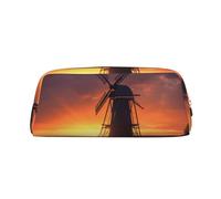 ULKMFFCF Sunset Windmill Printed Leather Pencil Case for Students Girls Boys - Cute Gold Zip Pen Pencil Pouch Office School Adult Stationary Organiser Makeup Bag