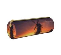 ULKMFFCF Sunset Windmill Printed Round Pencil Case - Cute Leather Zip Pouch for School, Office, Travel and Makeup