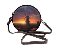 ULKMFFCF Sunset Windmill Printed Round Shoulder Bag for Women Girls Leather Crossbody Purse for School Work Travel