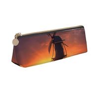 ULKMFFCF Sunset Windmill Printed Triangle Pencil Case - Cute Leather Zip Pouch for School, Office, Travel and Makeup