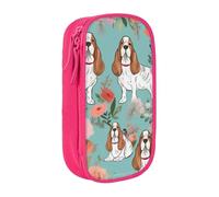 ULKMFFCF Sweet Basset Hound Florals Printed Cute Pencil Case Pen Bag,Pink - Large Capacity Students Stationery Pouch Pencil Box for School Office Travel Makeup