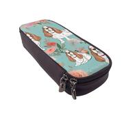 ULKMFFCF Sweet Basset Hound Florals Printed Pencil Case Pen Bag - PU Leather Students Stationery Pouch Pencil Box with Zipper for School Office Travel and Makeup