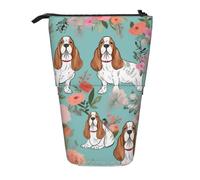ULKMFFCF Sweet Basset Hound Florals Printed Standing Telescopic Pencil Case - Cute School Pencil Pouch, Makeup Bag, Cosmetic Bag, Pen Holder