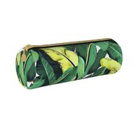 ULKMFFCF Tropical Banana Palm Leaves Printed Round Pencil Case - Cute Leather Zip Pouch for School, Office, Travel and Makeup