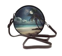 ULKMFFCF Tropical Beach Palm Tree with Full Moon Printed Round Shoulder Bag for Women Girls Leather Crossbody Purse for School Work Travel