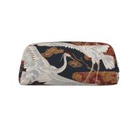 ULKMFFCF Two Cranes Chrysanthemums 1 Printed Leather Pencil Case for Students Girls Boys - Cute Silver Zip Pen Pencil Pouch Office School Adult Stationary Organiser Makeup Bag