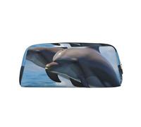 ULKMFFCF Two Dolphins Printed Leather Pencil Case for Students Girls Boys - Cute Gold Zip Pen Pencil Pouch Office School Adult Stationary Organiser Makeup Bag