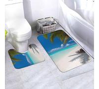ULKMFFCF White Beach Tropical Sea Printed Bathroom Mat Set 2 Pieces, Non-Slip Bath Rug And U-Shape Contour Mat, Super Absorbent Flannel Bathroom Rugs Floor Mat