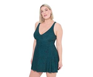 Ulla Popken Ladies Plus Size Plus Size Leopard Print Soft Cups Wrap Swim Dress, Dark Green, 50-52
