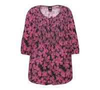 Ulla Popken women's plus size smocked blouse floral print round neck 3/4...