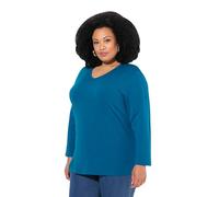 Ulla Popken Women's Shirt, V-Ausschnitt, Relaxed, Langarm T, Blue-Green, 32 UK/34 UK