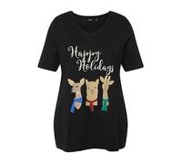 Ulla Popken Women's T-Shirt, V-Neck, Christmas Animals, Black, 16-18