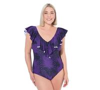Ulla Popken Womenswear Plus Size Curvy Leaf Print Ruffle Shoulder Swimsuit Violet 20 836608832-46