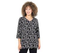 Ulla Popken Womenswear Plus Size Curvy Scribble Print 3/4 Sleeve Split Neck Tee Black 46+ 835831100-46+