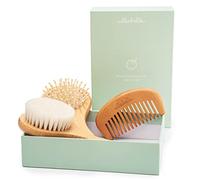 Ullabelle 4 Piece Wooden Baby Hair Brush and Comb Set for Newborns & Toddlers in Chic Gift Box - Ultra Soft Natural Goat Hair and Wood Baby Brush Set Prevents Cradle Cap - Perfect Registry Gift (Sage)