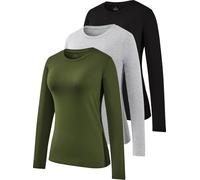 Ullnoy Long Sleeve Cotton Ladies Tops Crew Neck Basic Thermal Shirts Casual Solid Soft Workout Sweatshirt Pack of 3 Black/Grey/Army Green L