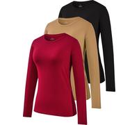 Ullnoy Long Sleeve Cotton Ladies Tops Crew Neck Basic Thermal Shirts Casual Solid Soft Workout Sweatshirt Pack of 3 Black/Coffee/Wine XL