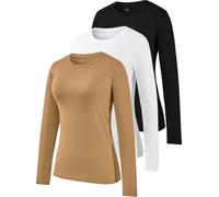Ullnoy Long Sleeve Cotton Ladies Tops Crew Neck Basic Thermal Shirts Casual Solid Soft Workout Sweatshirt Pack of 3 Black/White/Coffee L