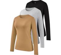 Ullnoy Long Sleeve Cotton Ladies Tops Crew Neck Basic Thermal Shirts Casual Solid Soft Workout Sweatshirt Pack of 3 Black/Grey/Coffee L