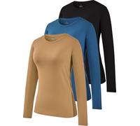 Ullnoy Long Sleeve Cotton Ladies Tops Crew Neck Basic Thermal Shirts Casual Solid Soft Workout Sweatshirt Pack of 3 Black/Navy/Coffee L