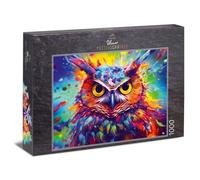 Ulmer Puzzleschmiede - 1000 piece owl puzzle ‘Tawny Owl’ - Colourful art portrait of the owl as an explosion of colour in front of an abstract background - gaudy bird puzzle