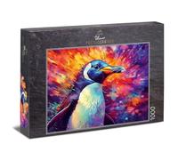 Ulmer Puzzleschmiede - 1000 piece puzzle ‘Penguin’ - High-contrast art puzzle with the penguin in black and white in front of a brightly exploding colour background, quality made in Germany