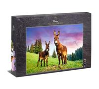 Ulmer Puzzleschmiede - Puzzle "Donkey on the mountain": 1000 pieces jigsaw puzzle - Two donkeys on a green alpine meadow in the Alps in Austria