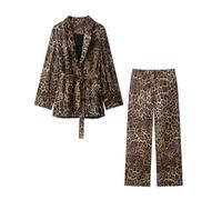 Ulnomio Women's Leopard Grain Suit Notch Lapel Jacket with Belt Pants Daily Two Pieces Party
