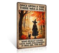 Ulord Halloween Metal Sign 8x12 Inches Black Witch Cat Funny Wall Art | Once Upon A Time There was a Girl Who Really Loved Cats Autumn Vintage Tin Sign Decor for Bedroom Living Room Cozy Room