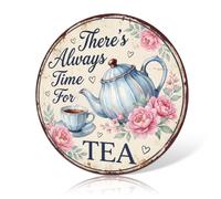 Ulord Round Tea Metal Signs 12x12 Inch Teapot Floral Kitchen Wall Art Decor | There's Always Time for Tea Shabby Chic Vintage Tin Sign for Kitchen Yard Home Breakfast Nooks Dining Areas