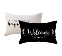 ULOVE LOVE YOURSELF 2Pack Welcome to Our Happy Place Decorative Pillowcases Home Quotes Lumber Cushion Covers 12 x 20 Inch Rustic Family Words Farmhouse Decor for Sofa/Couch/Porch (Black)