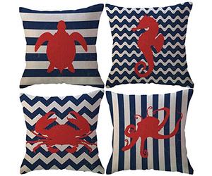 ULOVE LOVE YOURSELF Navy Blue Sea Decor Pillow Covers Ocean Theme Turtle-Seahorse-Octopus-Crab Pattern Decorative Cushion Cover Coastal Pillowcases 18”×18”,4Pack for Beach House