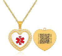 Uloveido 18K Gold Plated Heart Medical Alert Necklace with QR Code, Stainless Steel CZ Emergency ID Pendant, Red Medical Symbol, Scan to Update Health Info, No Engraving Required, 45 cm, Metal, No