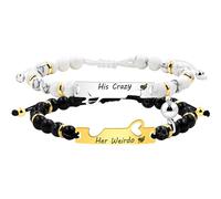 Uloveido 2 Pcs His Crazy and Her Weirdo Dual Color Stainless Steel Bracelet for Couples, white and black turquoise adjustable beaded bracelets for Men Women Y4129(crazy Weirdo)