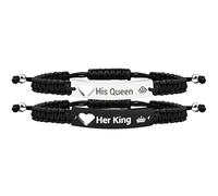 Uloveido 2pcs His Queen Her King Heart Bracelets Set for Couples Handmade Braided Black String Engraved Crown Bracelets for BF GF Y860