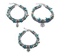 Uloveido 3 pcs Simulated Turquoise Starfish Beach Anklets Set Owl Bird-Heart-Tree of Life Multilayer Bracelet Anklets for Women Girls Y811-2