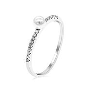 Uloveido 4.5mm High Luster Simulated-Pearl Cute Petite Half Eternity Cubic Zirconia 925 Sterling Silver Band Ring1.2g Sizes O WE248