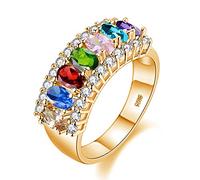 Uloveido 7 Stone Birthstone Ring, Oval Cut Crystal Wedding Band Anniversary Party Prom Ring for Women lady J501 (Gold,Rainbow, Size S)