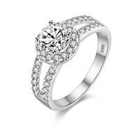 Uloveido 925 Silver Round Lab Created Diamond Two Row Split Shank Solitaire Engagement Ring CZ Cubic Zirconia SJ510 (White,Size S)