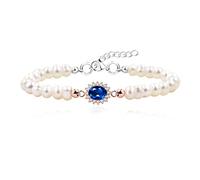 Uloveido 925 Sterling Silver Natural Freshwater Pearl Beaded Bracelet Center Setting with Blue Sapphire Gems Mother's Day Birthstone Gift for Mom Grandma