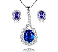 Uloveido 925 Sterling Silver Oval Cut Natural Blue Topaz Gemstone Teardrop Pendant Necklace Birthstone Stud Earrings Set with Clear Cubic Zirconia for Women Girls FT004