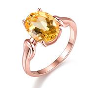 Uloveido 925 Sterling Silver Oval Cut Natural Citrine Gemstone Adjustable Ring Solitaire Rose Gold Plated Fashion Engagement Wedding Open Rings for Women, Gift Box Packing FJ076