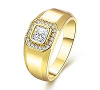 Uloveido 9mm Men Gold Wedding Band Promise Finger Ring with Central Crystals CZ Stones Women's Ring Size S KR204