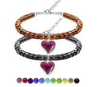 Uloveido A Pair of Gear-shape Hematite Bracelets with Color Changing Thermo Sensitive Mood Heart Charms, Couples Love Heart Bangles Gifts, 26.1 inches, Hematite, hematite