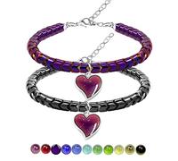 Uloveido A Pair of Gear-shape Hematite Bracelets with Color Changing Thermo Sensitive Mood Heart Charms, Couples Love Heart Bangles Gifts, 26.1 inches, Hematite, hematite