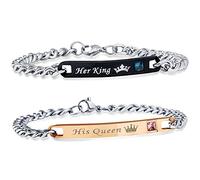 Uloveido A Pair of Titanium His Queen and Her King Couples Bracelet Stainless Steel Cuban Link Chain Bracelets Wedding Valentine's Gift for Men and Women SN116-Pair